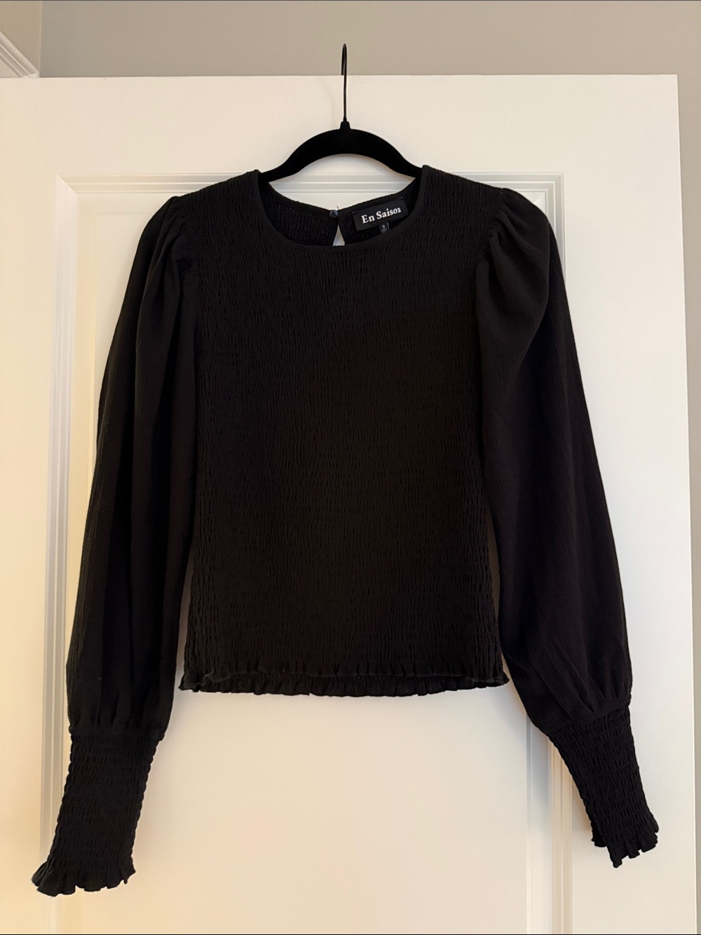 En Saison Black Long-Sleeve Smocked Blouse